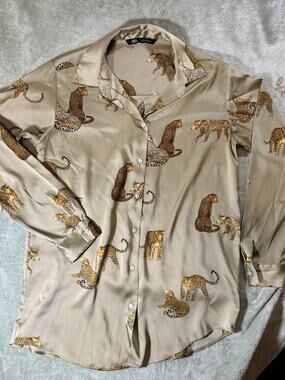 Zara Silk Blouse LS Beige with Leopards size small